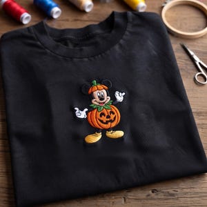以下が含まれることがあります： 黒のクルーネックTシャツで、中央に刺繍が施されています。刺繍は、彫られたオレンジ色のカボチャのコスチュームを着た漫画のネズミのキャラクターで、緑色の茎の襟と黄色の靴を履き、両手を広げた陽気なポーズをとっています。