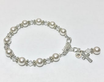 Eerste communie armband met kruis inclusief sterling zilveren gepersonaliseerde initiële bedel