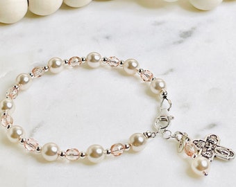 First Holy Communion Gift for Girls | Rosary Bracelet in Ivory Pearls and Vintage Rose Crystals Personalize with Initial