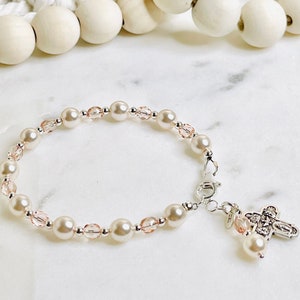 First Holy Communion Gift for Girls | Rosary Bracelet in Ivory Pearls and Vintage Rose Crystals Personalize with Initial