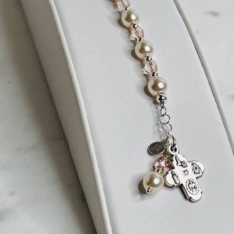 First Holy Communion Gift for Girls Rosary Bracelet in Ivory Pearls and Vintage Rose Crystals Personalize with Initial image 5