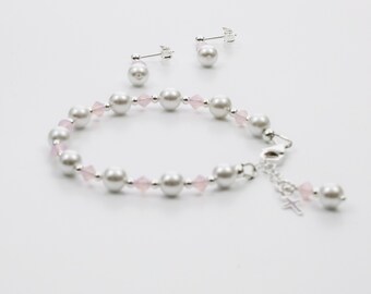 Pearl Rosary Bracelet – Pink Crystal, First Communion Gift