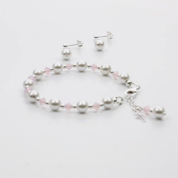 First Communion Gift for Girl - Perfect Rosary Bracelet in Pearls and Pink Crystals - Personalized Initial Bracelet