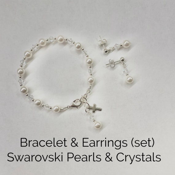 Bracelet Earrings Freshwater Pearl Jewelry Set Sterling Silver Flower Girl Set Birthday Gift Necklace First Cummunion Gift