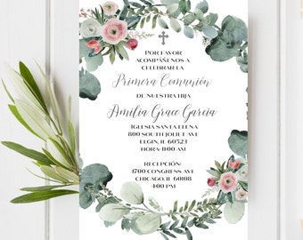 Digital First Communion Invitation | First Communion Eucalyptus Invitation | Print at Home Digital Card