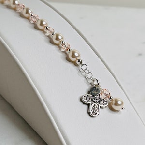 First Holy Communion Gift for Girls Rosary Bracelet in Ivory Pearls and Vintage Rose Crystals Personalize with Initial image 4