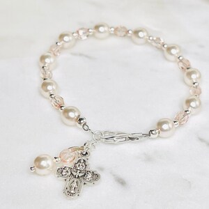 First Holy Communion Gift for Girls Rosary Bracelet in Ivory Pearls and Vintage Rose Crystals Personalize with Initial image 2