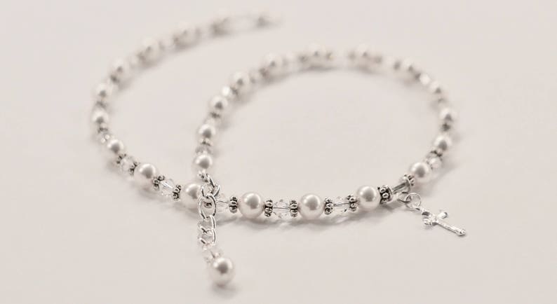 First Communion Necklace ,Confirmation Necklace Silver, Freshwater Pearl, and Swarovski elements image 2