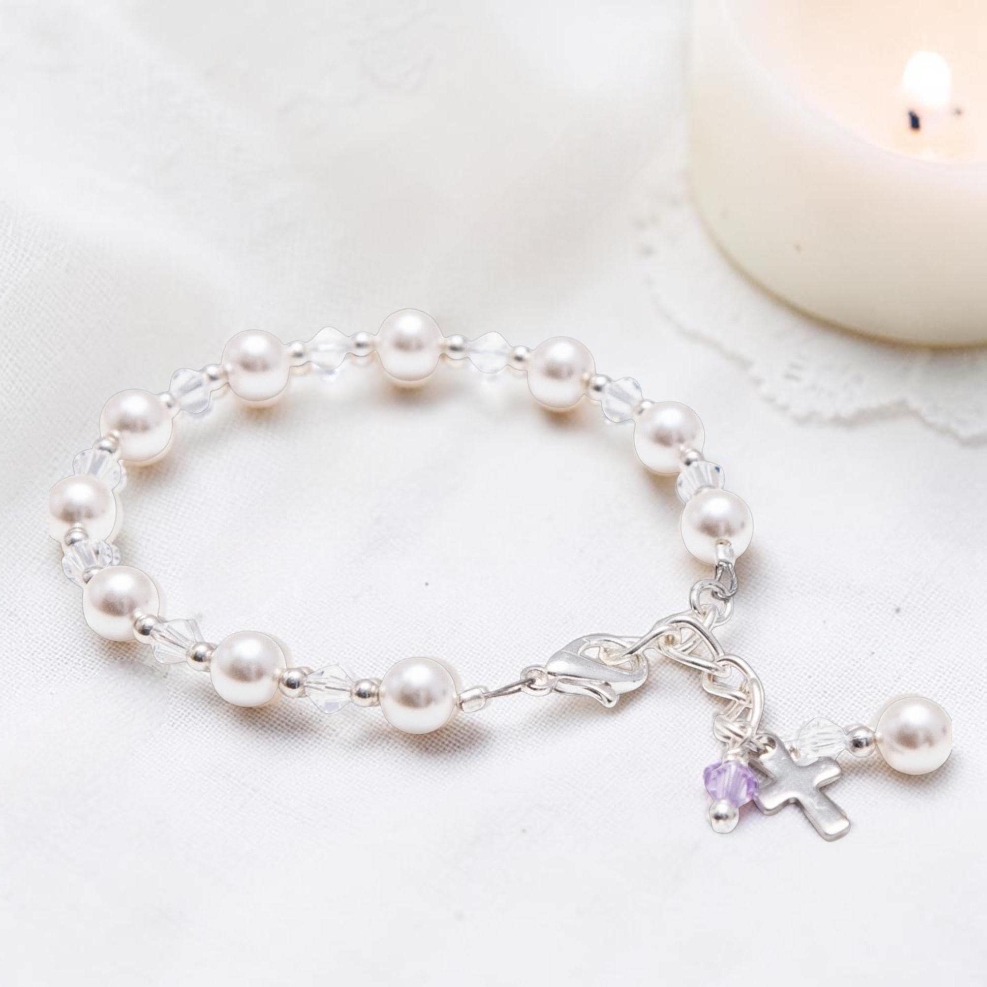 Braccialetto di perle per la prima comunione: ciondolo a croce in argento, regalo per il battesimo - Italia