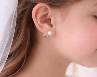 Aretes de Perla para Niñas, Aretes Clip Sin Perforación, Aretes Primera Comunión, Bautizo, Aretes Niña de Flores, Joyería Infantil