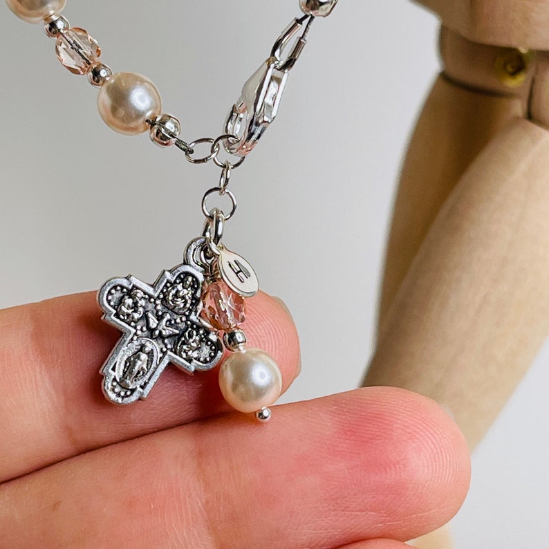 First Holy Communion Gift for Girls Rosary Bracelet in Ivory Pearls and Vintage Rose Crystals Personalize with Initial image 6