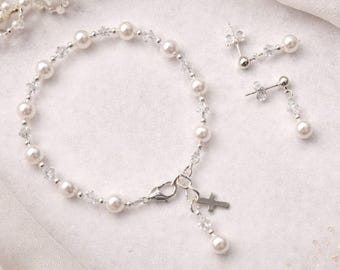 Sieradenset eerste communie | Parel rozenkrans armband en oorbellen