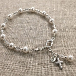 First Communion Bracelet, First Communion Gift, Rosary Bracelet, Holy Communion, Personalized First Communion Gift, Birthstone, Initial image 1