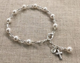 First Communion Bracelet, First Communion Gift, Rosary Bracelet, Holy Communion, Personalized First Communion Gift, Birthstone, Initial