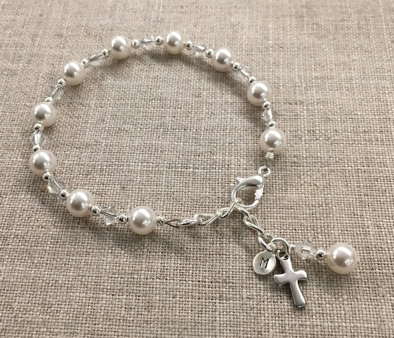 First Communion Bracelet, First Communion Gift, Rosary Bracelet, Holy Communion, Personalized First Communion Gift, Birthstone, Initial image 1