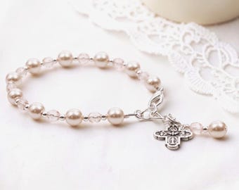 Vintage Rose Rosary Girl Bracelet • First Communion Pearl Catholic Jewelry