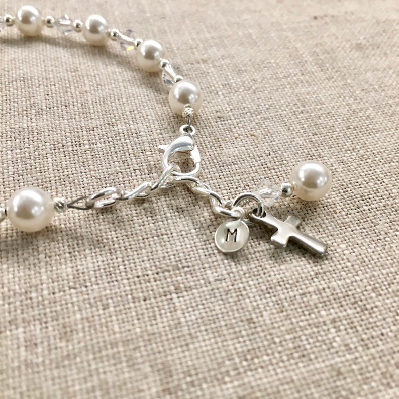 First Communion Bracelet, First Communion Gift, Rosary Bracelet, Holy Communion, Personalized First Communion Gift, Birthstone, Initial image 2