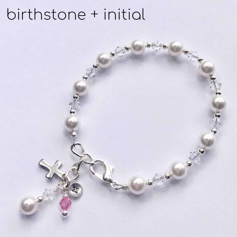 First Communion Bracelet, First Communion Gift, Rosary Bracelet, Holy Communion, Personalized First Communion Gift, Birthstone, Initial image 3