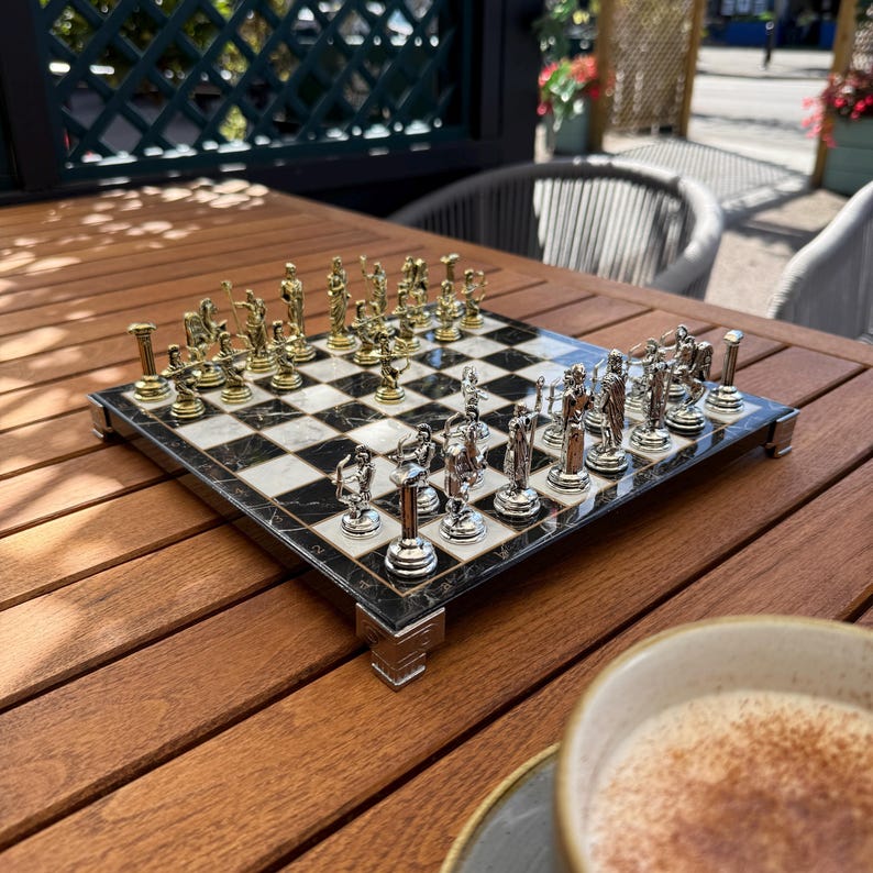 Die Cast Metal Roman Empire Chess Set | Marble-look Wooden Chess Board ...