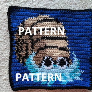 May include: A crochet square featuring a cartoon character with brown hair, black eyes, and a white mouth. The character is surrounded by blue, teal, and white waves. The square is bordered in black and has the word "PATTERN" written twice in white.
