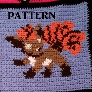 May include: Crochet pattern for a brown and orange fox with a blue background. The pattern is labeled "PATTERN".