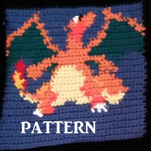 May include: A crochet pattern of a cartoon orange, red, and yellow dragon with green wings on a blue background. The text "PATTERN" is below the dragon.