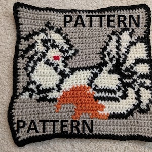 May include: Crocheted square with a black border featuring a white and black stylized animal with orange accents. The text "PATTERN" appears twice on the square.