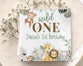 Gepersonaliseerde Jungle Wild One verjaardagservetten, safari dieren feestartikelen voor de eerste verjaardag
