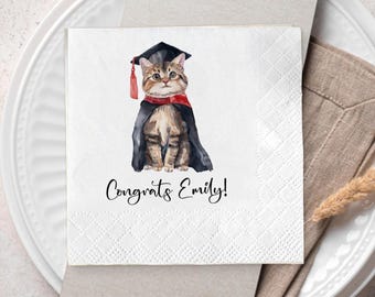Custom Cat Graduation Napkins, Watercolor Party Decor, Class of 2026