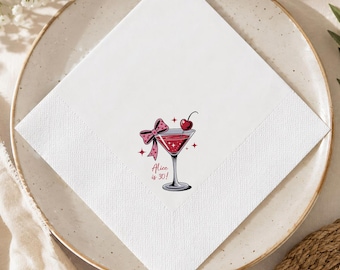 Personalized Martini 30th Birthday Napkins, Custom Name Pink Bow Birthday Napkins