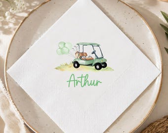 Gepersonaliseerde groene servetten voor een babyshower met golfkarretje, op maat gemaakte servetten voor een feestje met een kleine golfer.