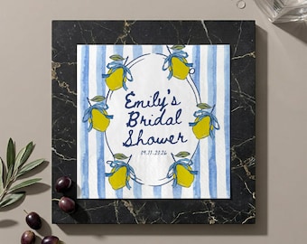Personalized Lemon Bridal Shower Napkins, Custom Citrus Wedding Cocktail Napkins, Blue Lemon Bridal Shower Decor