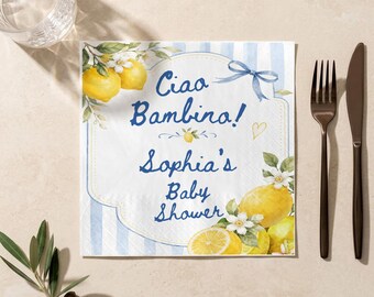 Servilletas personalizadas para baby shower italiano, servilletas para baby shower Ciao Bambina, decoración para baby shower con temática de limón