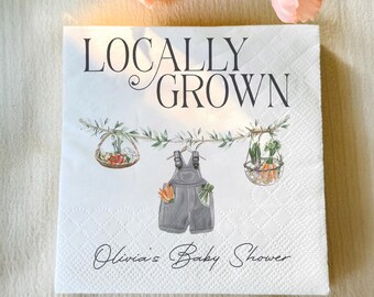 Servilletas personalizadas para baby shower con productos locales, temática de mercado de agricultores.