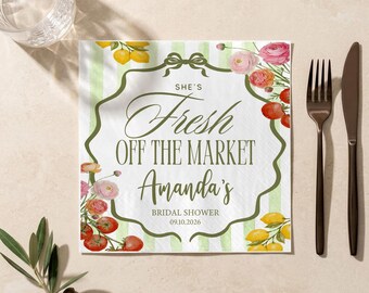Servilletas personalizadas para despedida de soltera con diseño de "Recién salidas del mercado", servilletas con diseño de limón y tomate, decoración italiana para despedida de soltera.