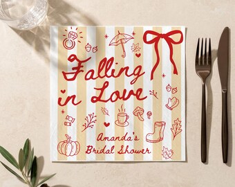 Personalized Falling in Love Bridal Shower Napkins, Custom Autumn Bridal Shower Cocktail Napkins