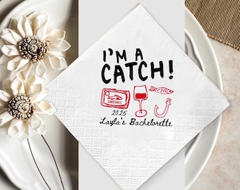 Personalized She's A Catch Bachelorette Party Napkins, Coastal Maine