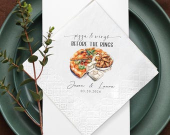 Funny Wedding Shower Napkins, Pizza Wings Before Rings, Custom Couple Party Supplies