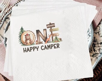 Personalized One Happy Camper Napkins, 1st Birthday Camping Decor
