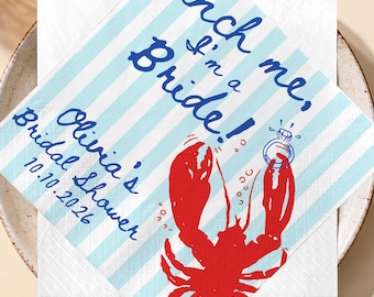 Personalized Pinch Me I'm a Bride Cocktail Napkins, Custom Lobster Bridal Shower Napkins,  Coastal Bridal Shower Decor