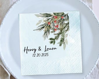 Custom Floral Wedding Napkins, Personalized Winter Table Decor