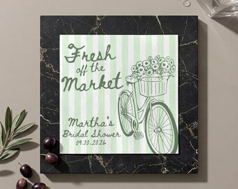Personalized Fresh Off the Market Cocktail Napkins, Custom Green Striped Party Napkins, Farmers Market Bridal Shower Decor