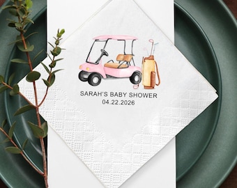 Servilletas personalizadas rosas para baby shower con temática de golf, decoración personalizada.