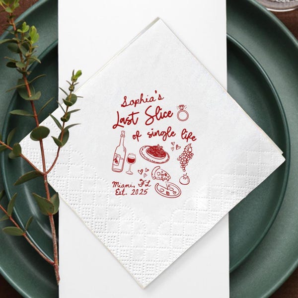 Personalized Pizza Bachelorette Napkins, Last Slice of Single Life Decor
