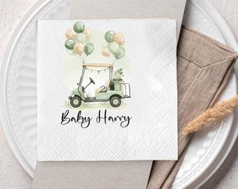 Gepersonaliseerde servetten voor een babyshower, servetten met een golfkarretje en ballonnen, gepersonaliseerde naam voor een feestje.