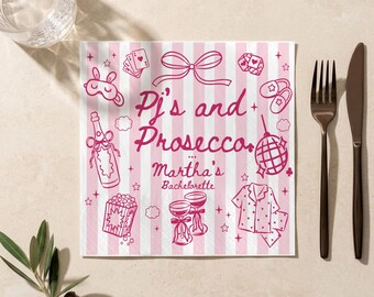 Custom Pajamas & Prosecco Cocktail Napkins, Personalized Bachelorette Party Napkins, Pink Striped Bridal Shower Napkins