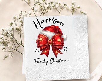 Personalized Red Bow Christmas Napkins, Family Holiday Party Decorations