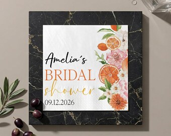 Servilletas personalizadas con motivos cítricos para despedida de soltera, servilletas con diseño de flor de naranjo para despedida de soltera, decoración personalizada para despedida de soltera.