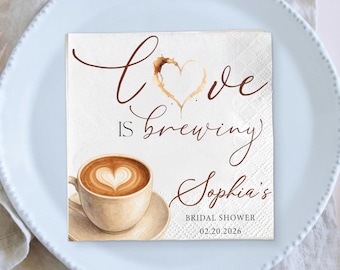 Servilletas personalizadas con temática de café "El amor está floreciendo", servilletas para despedida de soltera.
