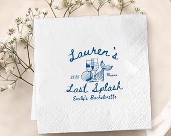 Servilletas personalizadas "Último Chapuzón" para despedida de soltera: recuerdos de fiesta playera y costera, decoración para fiesta nupcial con temática de pescadores.
